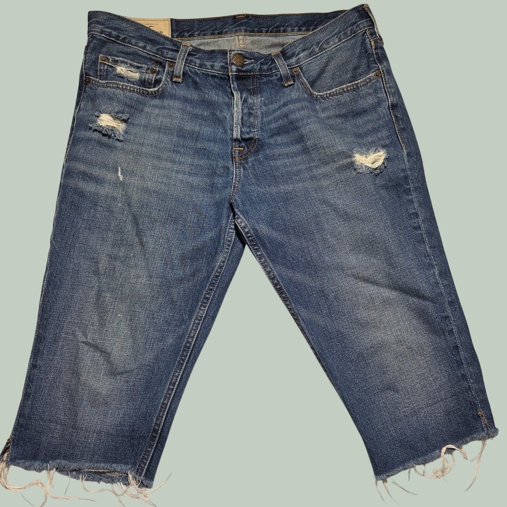 Hollister Mens Distressed Denim Capris Blue W34 Button Fly Y2K Raw Hem Cropped